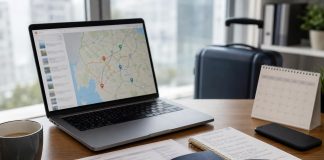 Рабочее место туристического менеджера с маршрутом поездки